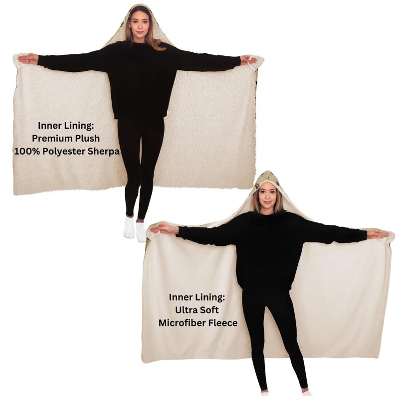 May include: A hooded blanket with a cream-colored plush interior and a patterned exterior. The text on the blanket reads "Inner Lining: Premium Plush 100% Polyester Sherpa" and "Inner Lining: Ultra Soft Microfiber Fleece".
