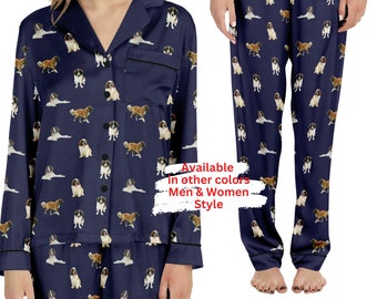 Saint Bernard Dog Satin Pajama Set: Comfy Loungewear Sleepwear Women And Men