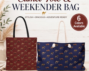 Camel Print Tote Bag or Weekender Travel Bag, Desert Animal Design, Six Colors