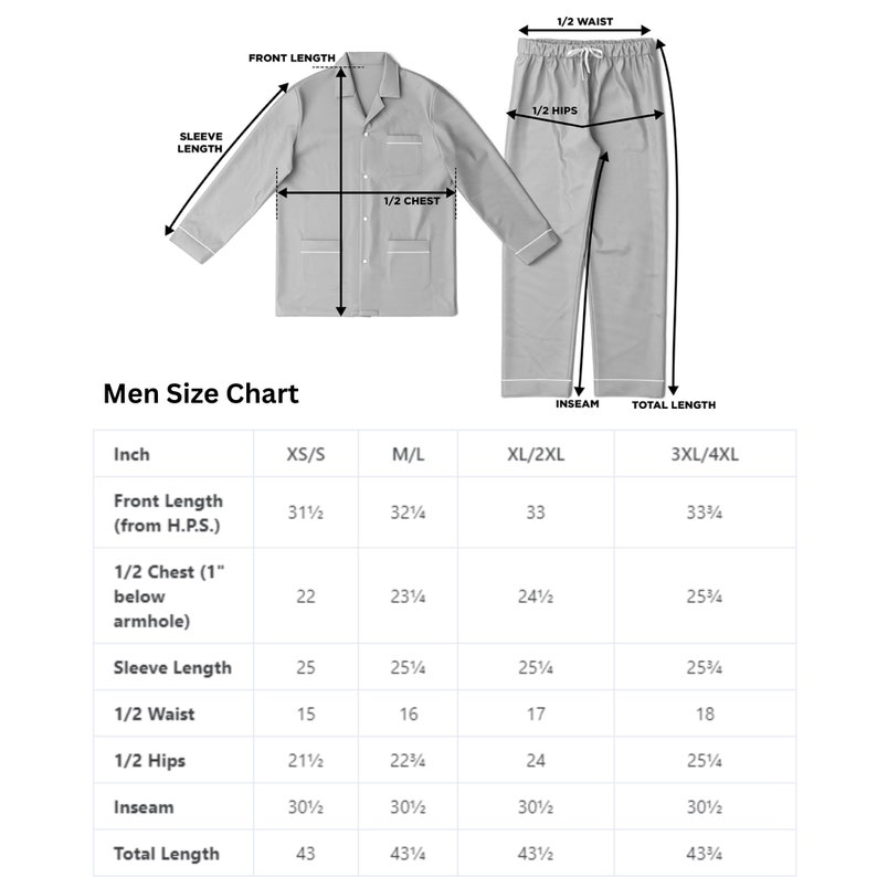 以下が含まれることがあります： 男性用パジャマのサイズチャートで、XS/S、M/L、XL/2XL、3XL/4XLなど、さまざまなサイズに対応したインチ単位の寸法を示しています。寸法には、前丈、胸囲の半分、袖丈、ウエストの半分、ヒップの半分、股下、総丈が含まれます。