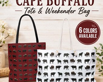 Cape Buffalo Tote or Weekender Bag, Safari Wildlife Print, Six Colors