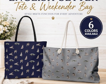 English Setter Tote or Weekender Bag, All-Over Dog Print, Six Colors