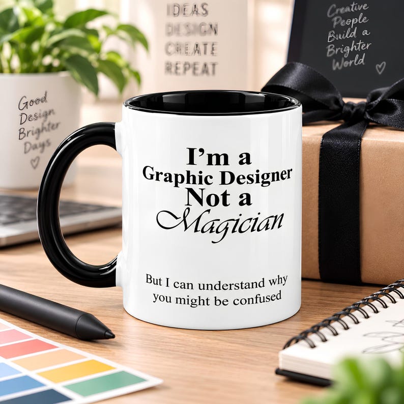 Black accent graphic designer mug displayed beside a wrapped gift with subtle creative workspace details, styled as a gift for designers, freelancers, or creative coworkers.