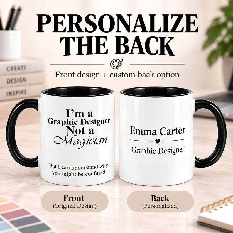Front and back views of a black accent graphic designer mug, showing the original design on the front and personalized name or job title text on the reverse.