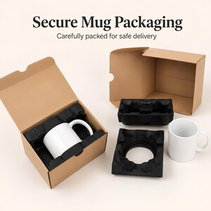 White ceramic mug shown securely packed inside a kraft shipping box with protective black inserts, alongside the box and packaging components.