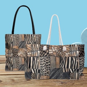 Sac fourre-tout et sac de week-end à imprimé patchwork d&#39;animaux - Motifs zèbres, léopards et girafes pour les amateurs de mode sauvages - Accessoires de voyage élégants