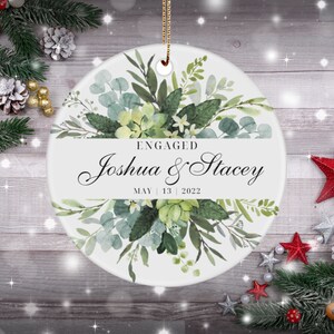Floral Engagement Ornament, Personalized Christmas Gift for Couples, Engaged Couple&#39;s Keepsake