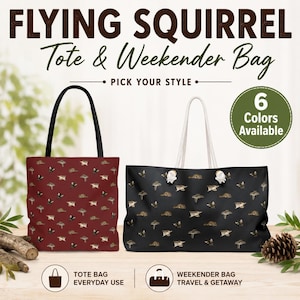 Flying Squirrel Tote or Weekender Bag, Woodland Animal Print, 6 Colors