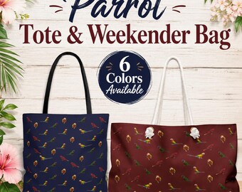 Parrot Tote Bag or Weekender Bag, Colorful Bird Print, Parrot Lover Gift