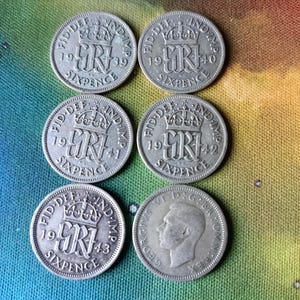 Silver vintage collection:1939 up to 1944,6x  ww2  George VI .500 Silver six pence (6 pence) coins.circulated.