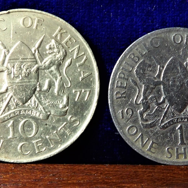 Pair: Kenya One Shilling 1967 and 10 cents 1977 .circulated