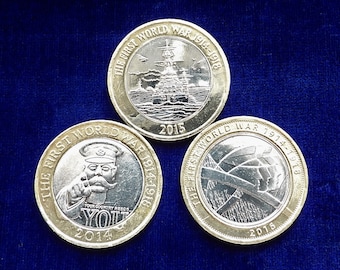 Coleção de moedas de 2 libras da Grande Guerra (x3): HMS BELFAST - 100º Aniversário da Primeira Guerra Mundial (Lord Kitchener) - A Primeira Guerra Mundial 1914-1918