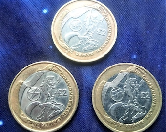 3 monedas de los Juegos de la Commonwealth de 2002, Escocia, Gales e Inglaterra. Monedas raras de 2 libras.