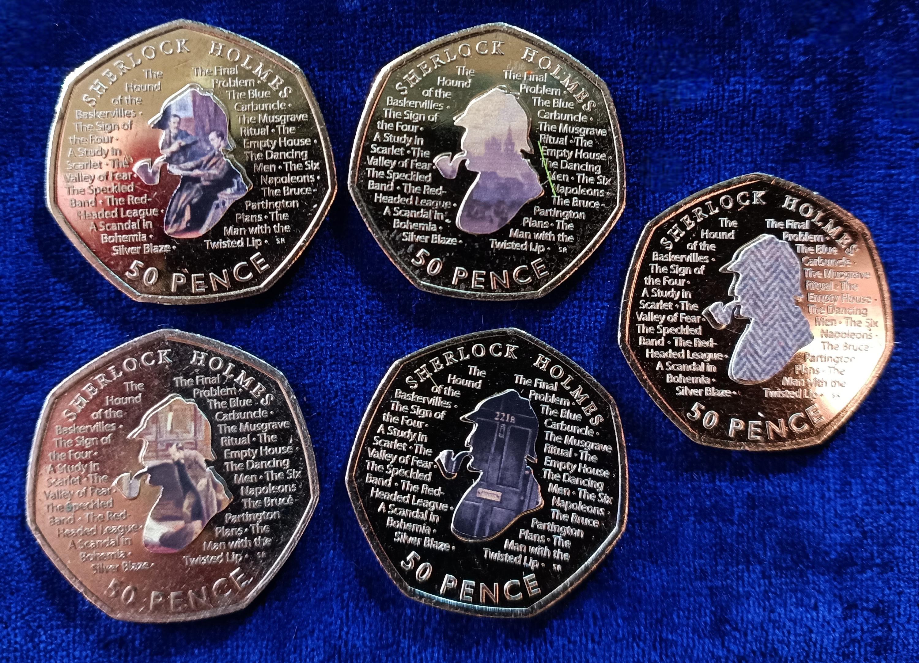 コレクション: 2019年シャーロックホームズ未流通50ペンス収集用コイン5枚（異なるデカール付き）