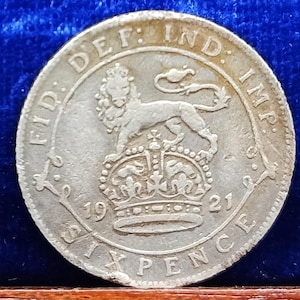 1921 British Sixpence Coin: .500 Silver, King George V.
