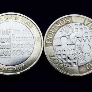 Pair:2007 300th Anniversary of Act of Union + King james bible 2 Pound Coin