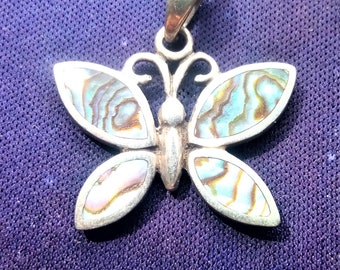 Vintage mother of pearl + silver Butterfly Necklace with gift pouch