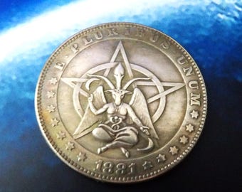 Baphomet Goat Pentagram Coin: Occult Satanic Token.