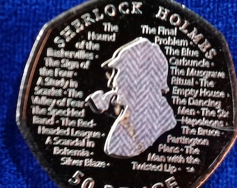 collectie: 2019 Sherlock Holmes niet-gecirculeerde verzamelmunt van 50 pence met sticker (tweedpatroon)