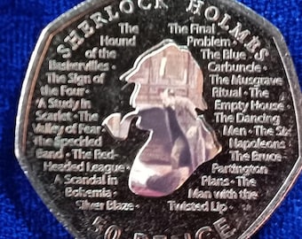 Collectie: 2019 Sherlock Holmes niet-gecirculeerde verzamelmunt van 50 pence met sticker (The hound of the Baskervilles)