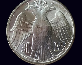 Moeda grega vintage de 30 dracmas de 1964. Moeda de prata (.835).