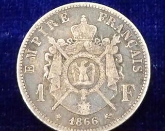 【初年号 MS65】1866年 フランス ナポレオン3世 1フラン銀貨 有冠 1866 年フランス 1 フラン銀貨 - ナポレオン 3 世アンティーク
