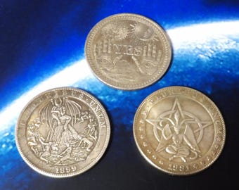 Coleção de moedas ocultas: Baphomet, Lúcifer, Ouija - moedas mágicas do Coven.