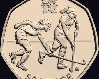 Moeda de 50 pence (cinquenta pence) comemorativa do hóquei nos Jogos Olímpicos de Londres 2012 - Circulada