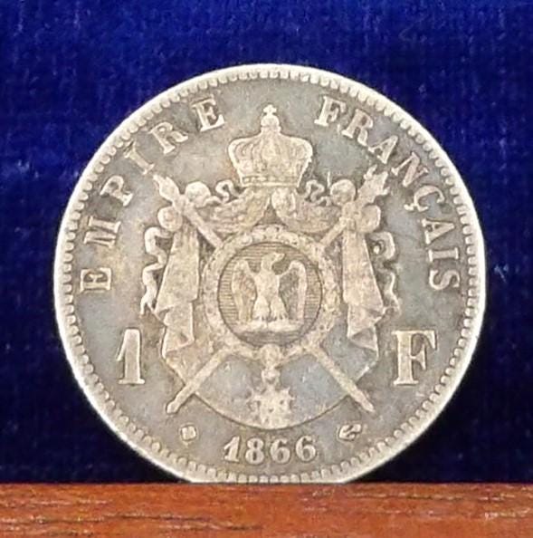 1866 年フランス 1 フラン銀貨 - ナポレオン 3 世アンティーク