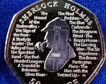 2019 Sherlock Holmes niet-gecirculeerde verzamelmunt van 50 pence met sticker (Outside 221b Baker Street)