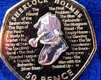 collectie: 2019 Sherlock Holmes niet-gecirculeerde verzamelmunt van 50 pence met sticker (Sherlock en Watson)