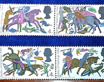 Conjunto histórico: moeda de 50 pence da Batalha de Hastings do Reino Unido de 2016 + conjunto de selos antigos