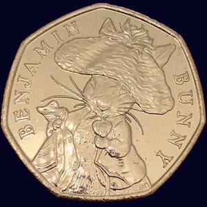 Benjamin Bunny - Moneta da 50 penny di Beatrix Potter del 2017