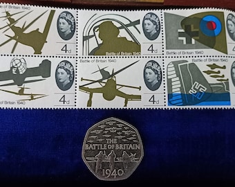 Conjunto de moedas de 50 centavos e selos antigos da Batalha da Grã-Bretanha (6x): História da Aviação