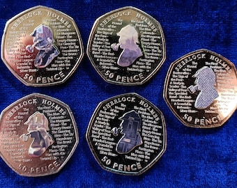 collectie: 5 x 2019 Sherlock Holmes niet-gecirculeerde verzamelmunten van 50 pence met verschillende emblemen