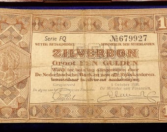 vintage 1938 Netherlands One Gulden (Silver Voucher - ZILVERBON ) Banknote .circulated