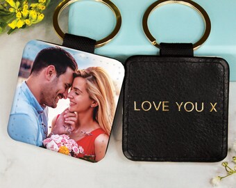 Llavero personalizado de piel sintética con iniciales y foto para pareja - Regalo de San Valentín