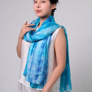 Hand-Dyed Turquoise Brushstroke Silk Scarf: 100% Mulberry Habotai