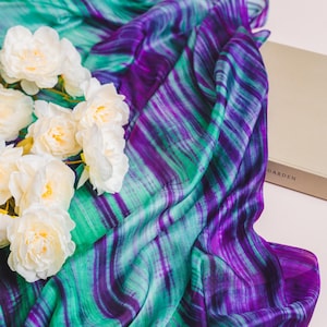 100% Mulberry Silk Habotai Scarf, Hand Tie-Dyed Emerald Green & Purple, Long Silk Scarf, Lightweight, Luxury Gift for Her