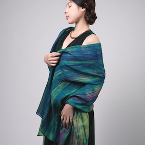 Hand-Dyed Mulberry Silk Scarf: Green Teal Brushstrokes, Gift Box