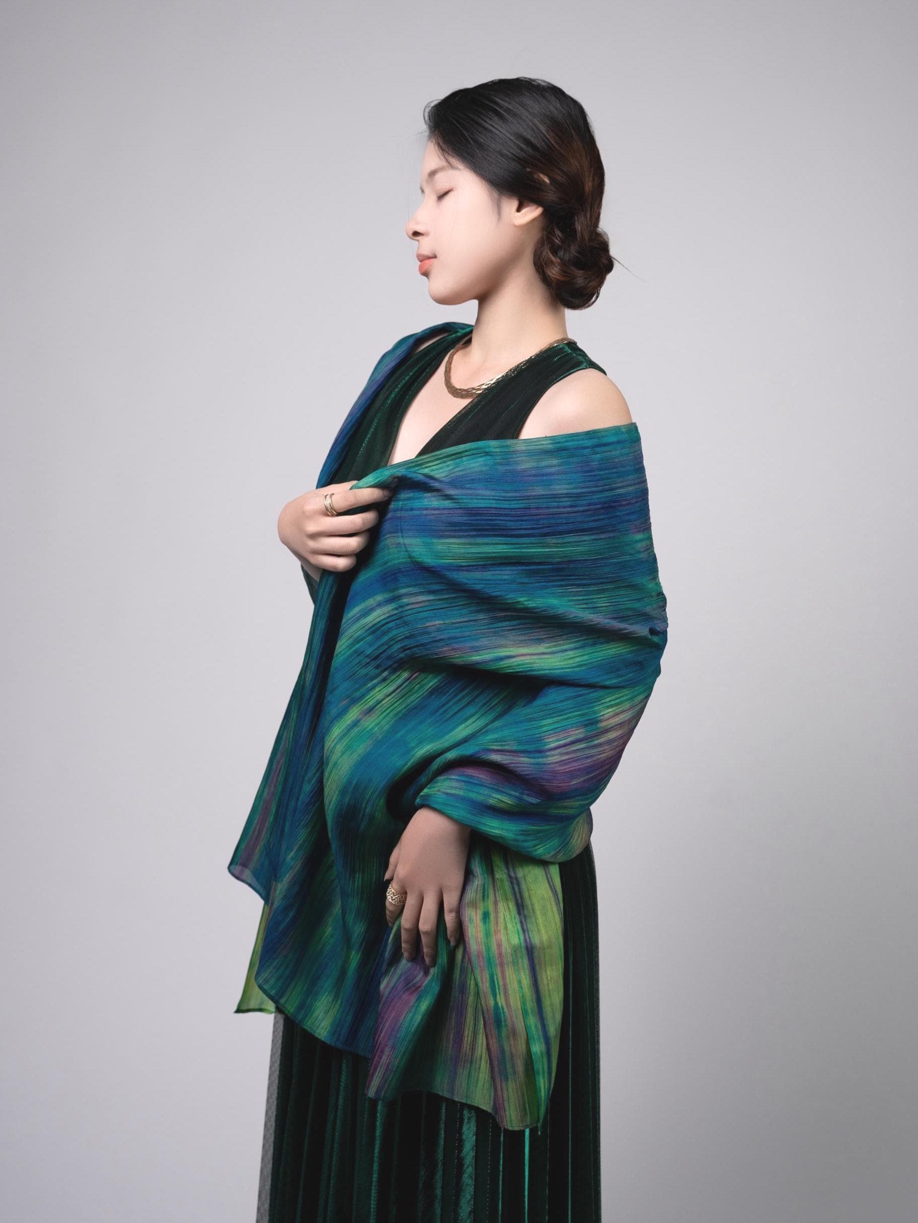 Green and Teal Silk Scarf – Hand-Dyed Mulberry Habotai with Blue & Emerald Brushstrokes - Lightweight Summer Wrap - Gift Box Included