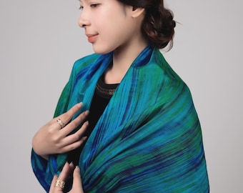 Aqua Blue Silk Scarf – Hand-Dyed Mulberry Habotai Wrap with Ocean Turquoise & Purple Brushstrokes - Gift Box Included - Handmade