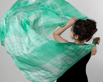 Mint Green Shibori Hand-Dyed Silk Shawl Wrap, Mulberry Silk Scarf, Wedding Shawl, Gift for Her, As Seen in Vogue