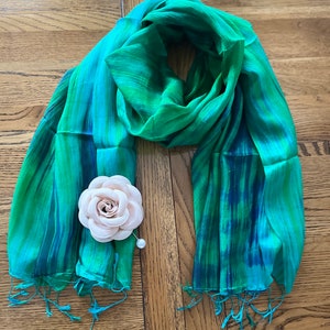 Delicate Pure Silk Emerald Green Long Scarf, Hand Woven, Hand Dyed