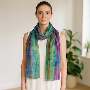 Regenbogen Seidenschal - handgefärbt 100% Maulbeerbaum Habotai, mehrfarbiges Pinselstrichmuster, leichtes Tuch für Damen, in Geschenkverpackung, handgefertigt