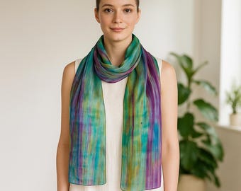 Rainbow Silk Scarf – Hand-Dyed 100% Mulberry Habotai, Multicolour Brushstroke Pattern, Lightweight  Wrap for Women, Gift-Boxed, Artisan Made