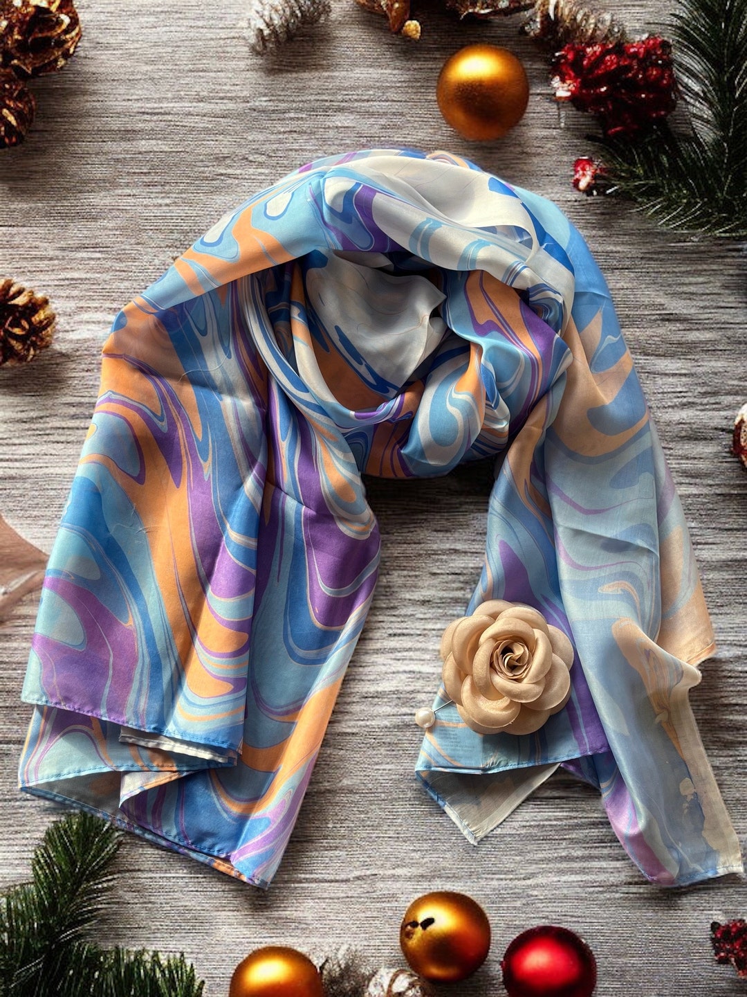 100 Mulberry Habotai Water Marbling Silk Scarf Blue and Etsy