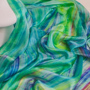 Pure Mulberry Silk Habotai Scarf, Hand Dyed Green Multicolour Pastel, Long Silk Scarf, Hand Loomed, Luxury Gift for Her