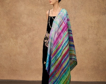 Rainbow Brushstroke Hand-Dyed Silk Shawl Wrap, Mulberry Silk Scarf, Wedding Shawl, Bridesmaid Gift, As Seen in British Vogue