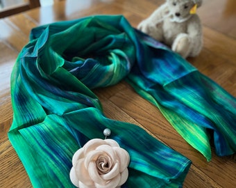 Pure Silk Peacock Green Long Scarf- Hand Dyed- Habotai Mulberry Silk- Hand Loomed